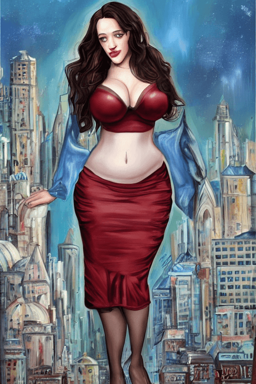 AI generated: image of Kat Dennings with small waist, big boobs, big ass, big legs, wearing skirt by Stanley Artge...