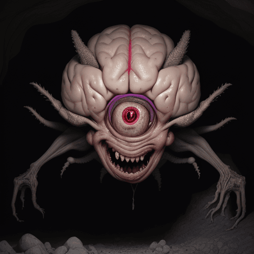 AI generated: He creates a portrait of a huge, grotesque brain emerging from a wall inside a cave. He has some cra...