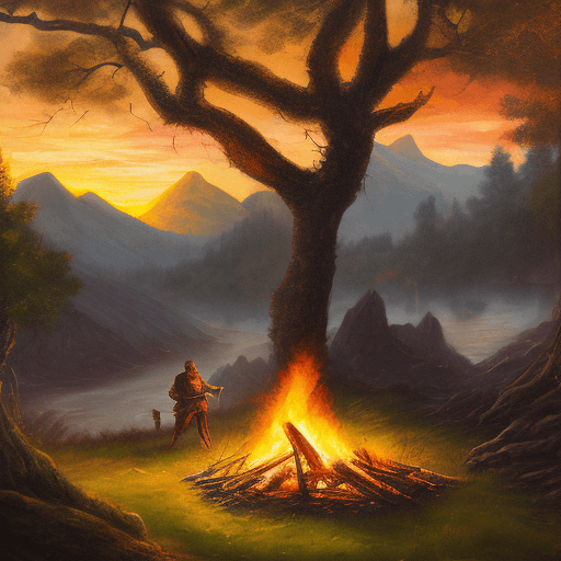 AI generated: Realistic painting, man in plate armor resting in a bonfire under a tree, elden ring, dramatic light...