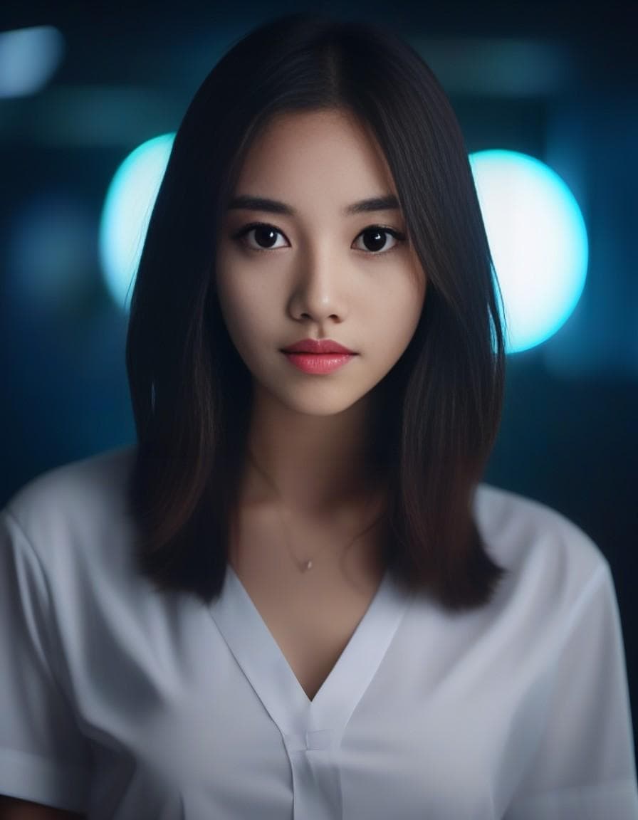 AI generated: white hair, beautiful young asian girl, beautiful eyes, olive skin, medium length white hair, petite...