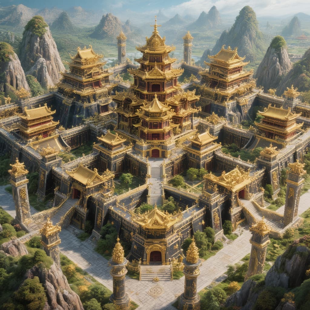AI generated: create a massive Chinese themed castle colored black with gold trim with five separate courtyards in...