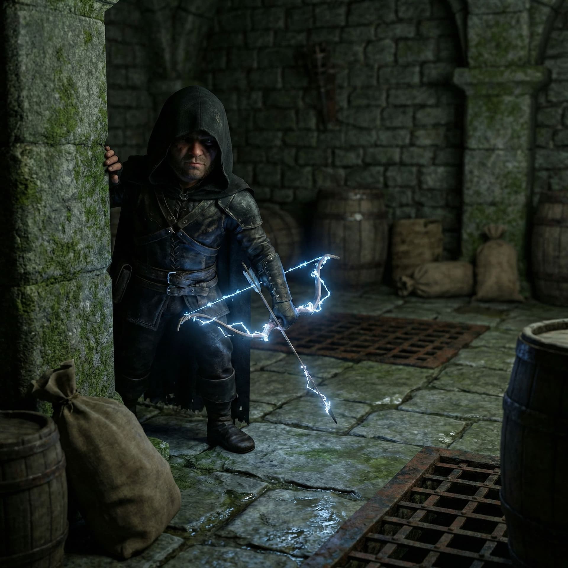 AI generated: Halfling male dressed in a black hooded cloak and dark leather armor, wielding an electricifed short...