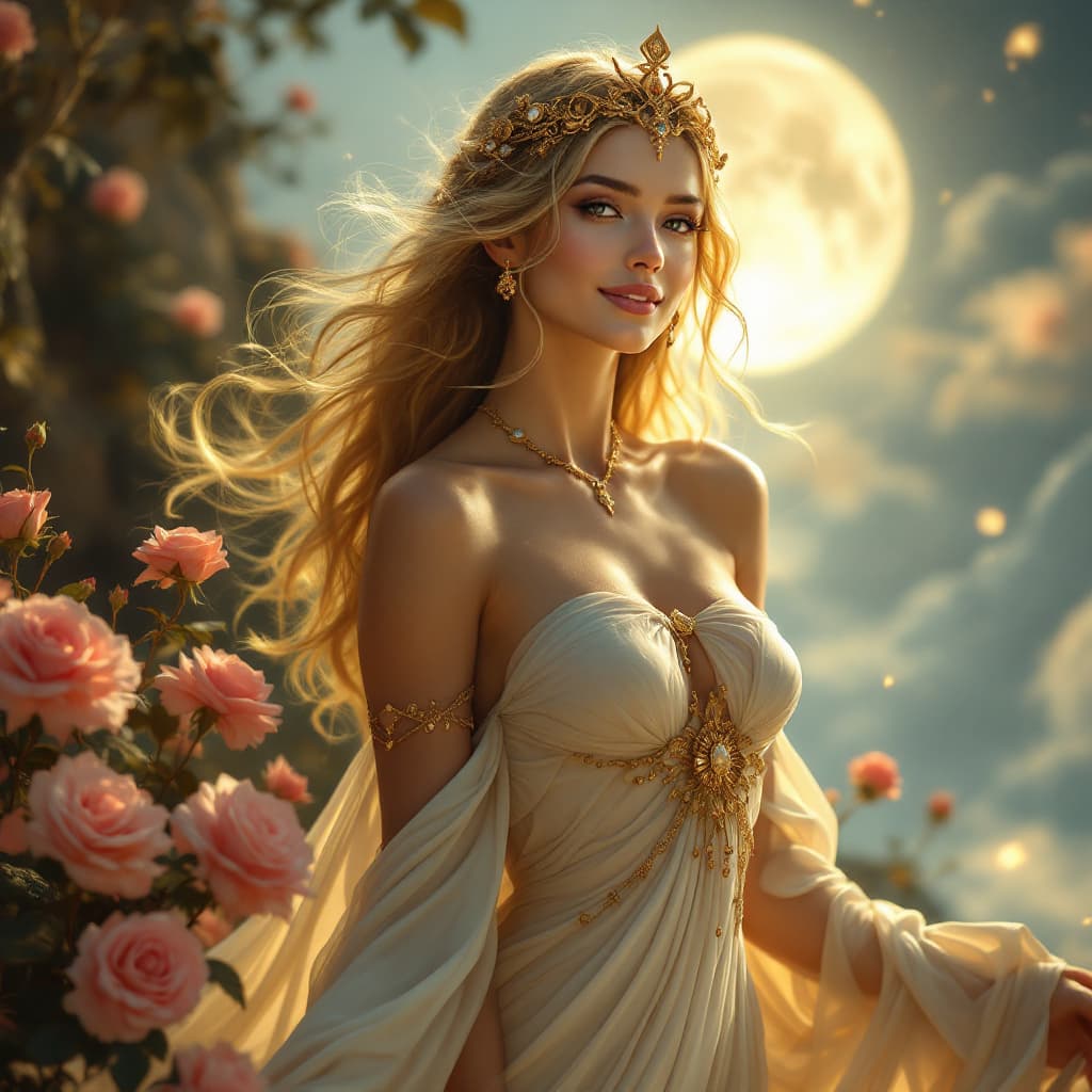 AI generated: "A stunning ancient goddess, embodying beauty, grace, and divine charm. She has an elegant, sculpted...