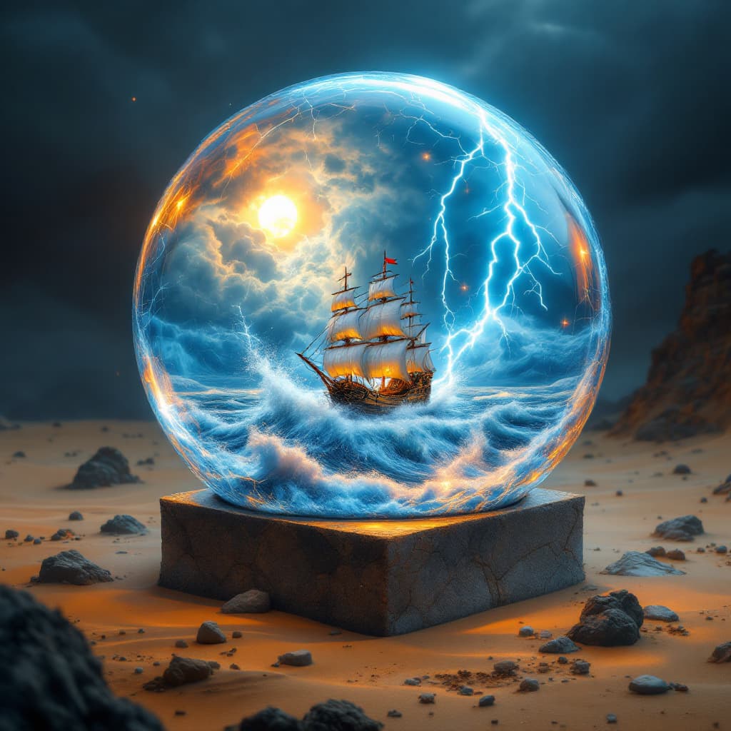 AI generated: snow globe shaped like a cube , on the desert floor, there is a monstrous storm inside with a galleo...