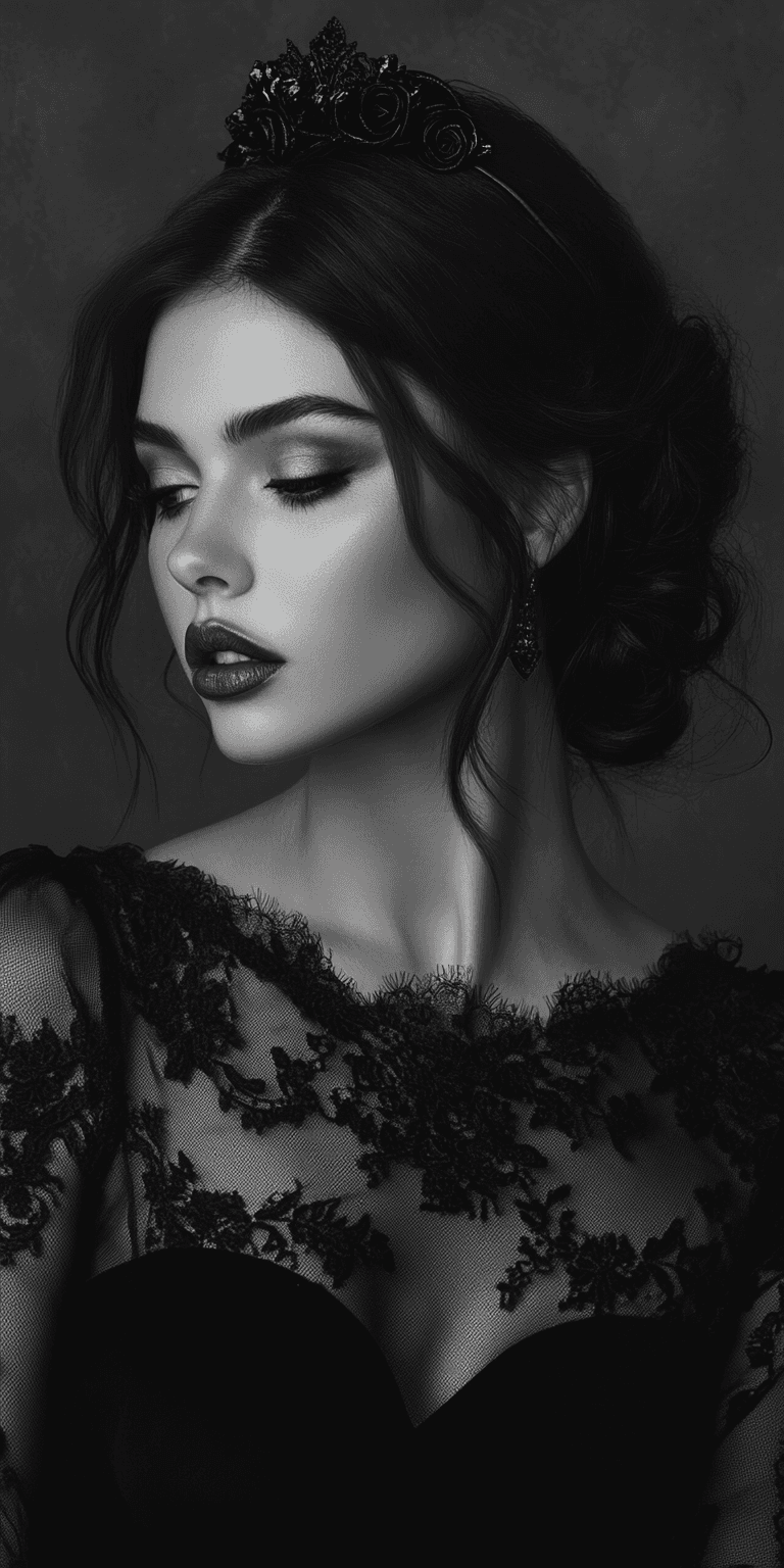 AI generated: A stunning portrait of a woman with long, flowing dark hair, styled elegantly and adorned with a bla...