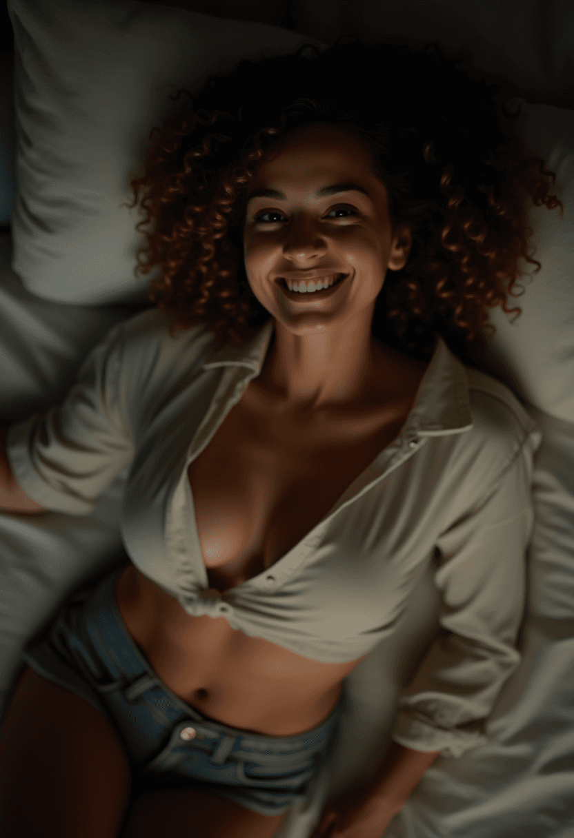 AI generated: 3/4 shot, photograph of smiling woman with curly bob haircut, brunette hair, light highlights, high ...