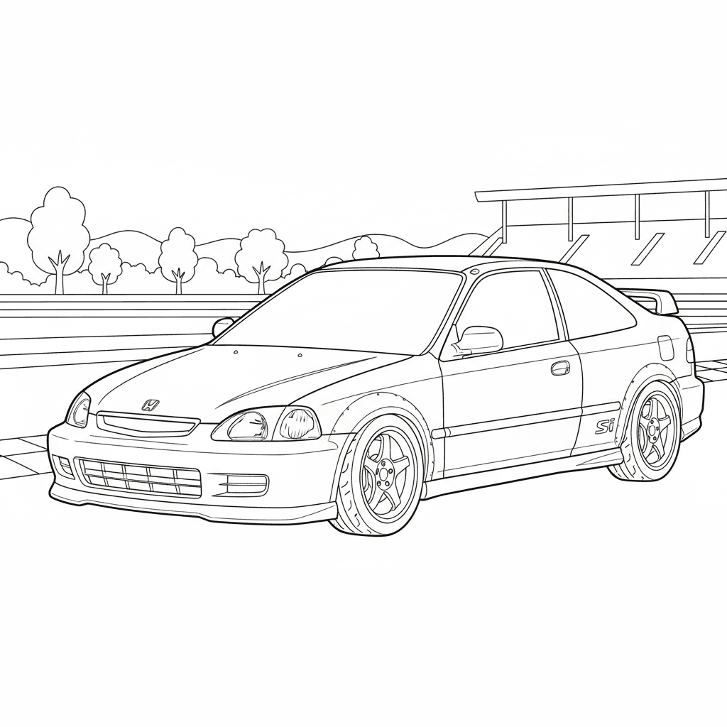 AI generated: highly detailed coloring page of a A highly detailed 1999 Honda Civic EM1 Coupe (Si model), with a c...