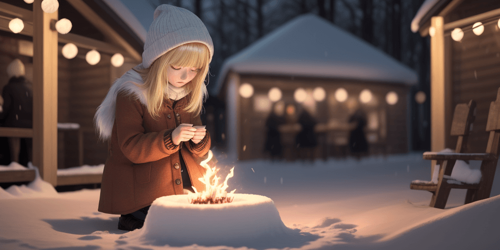 AI generated: girl blond holding match matchbox sit-down flame snow city sadness ambience 4k house village crowd a...