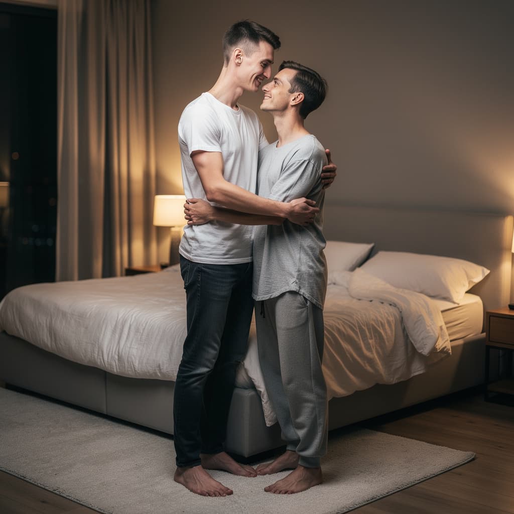 AI generated: A realistic image porn scene. NSFW gay. 2 men having sex, all Person are naked: a tall and skinny Yo...