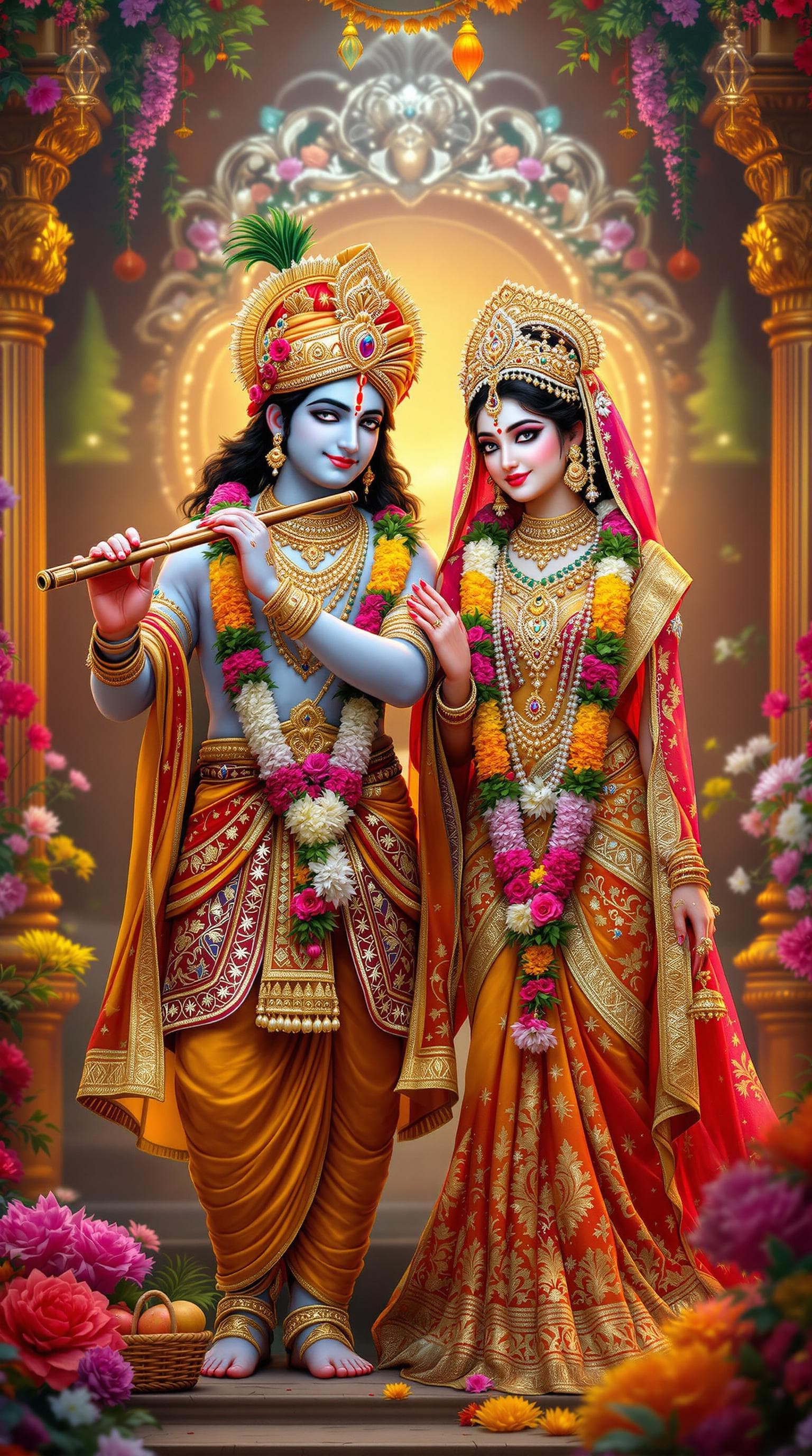 AI generated: "A highly detailed and vibrant image of Lord Krishna and Radha, dressed in luxurious traditional Ind...