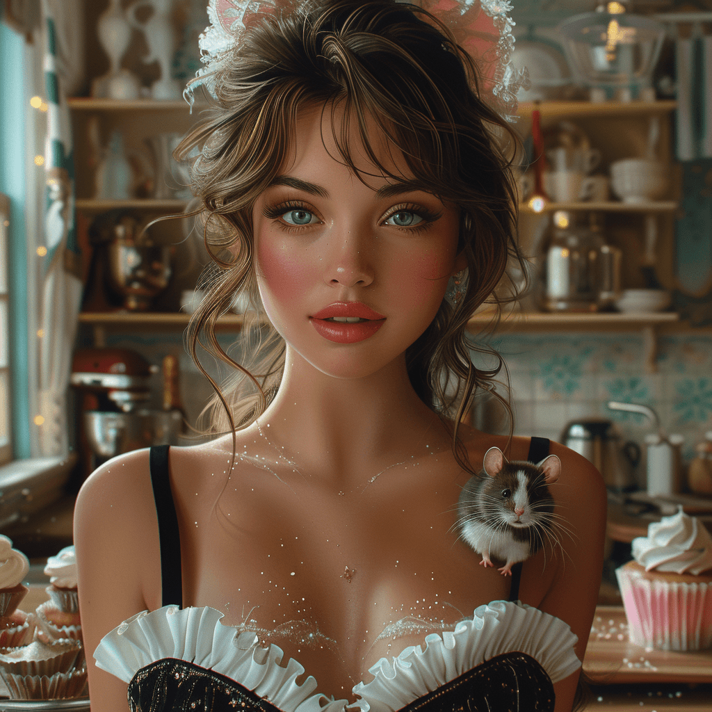 AI generated: dark blonde hair, cute mice, pink cupcake