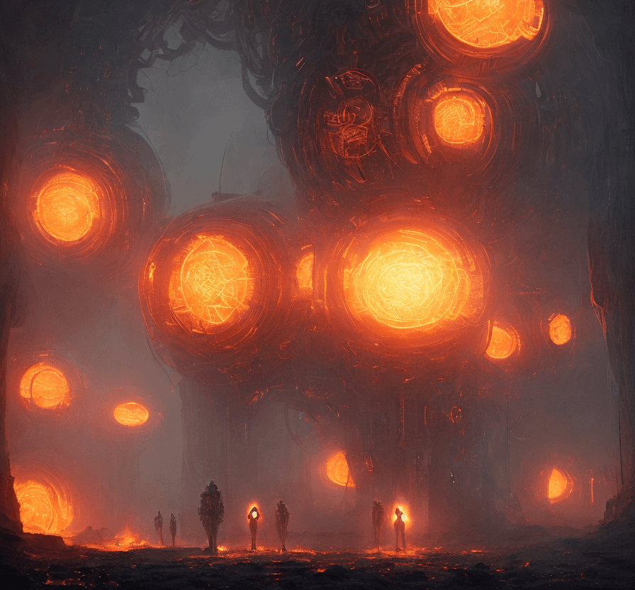 AI generated: 2 huge orange Mech are walking thru the big fire   in the tight  corridor  in a futuristic Alien spa...
