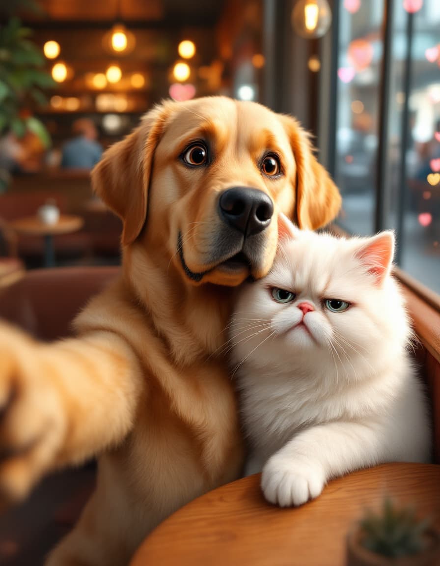 AI generated: An anthropomorphic golden Labrador retriever with big, expressive eyes and a big smile takes a selfi...
