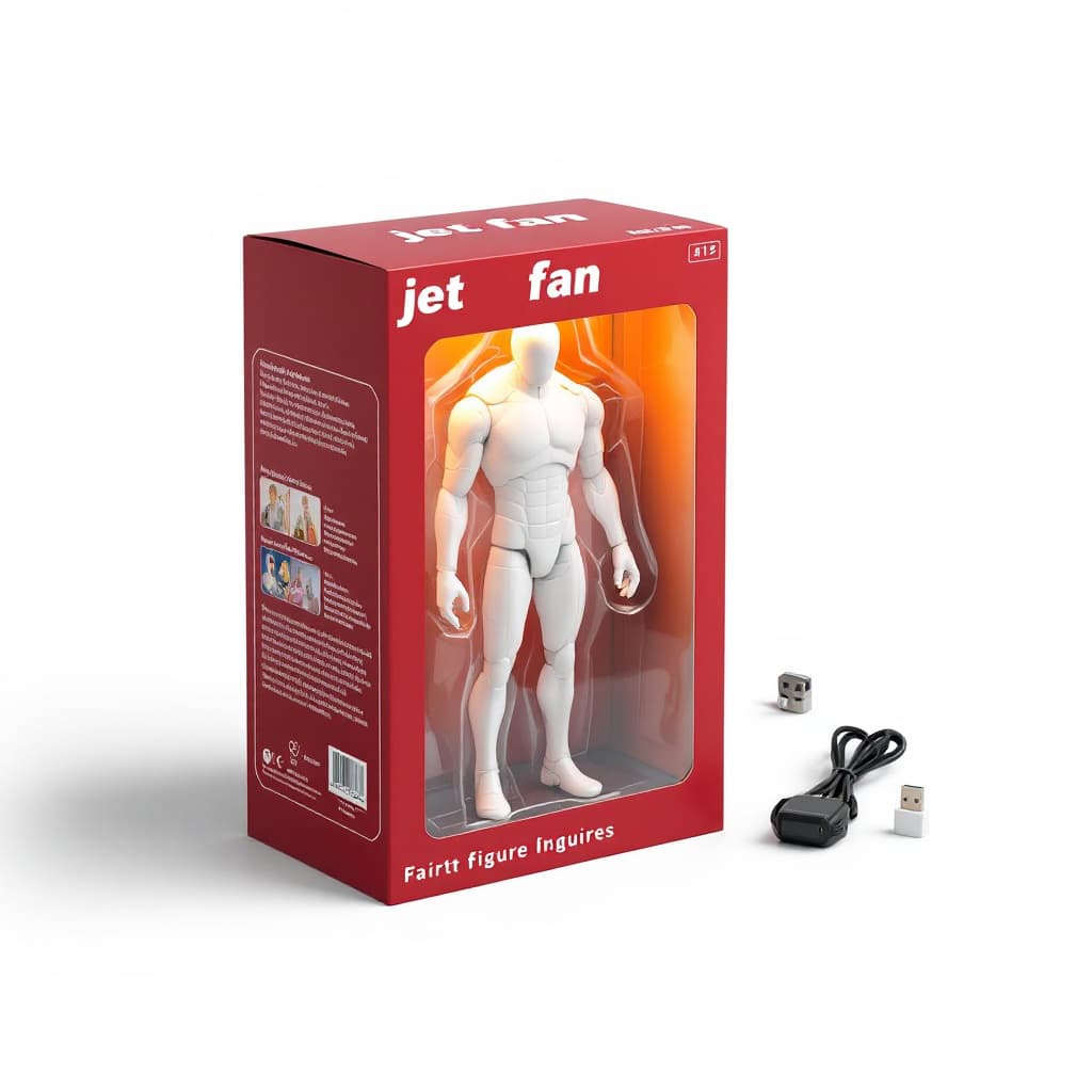 AI generated: Create a 3D action figure packaging design featuring a figure inside a [red box] cardboard box, with...