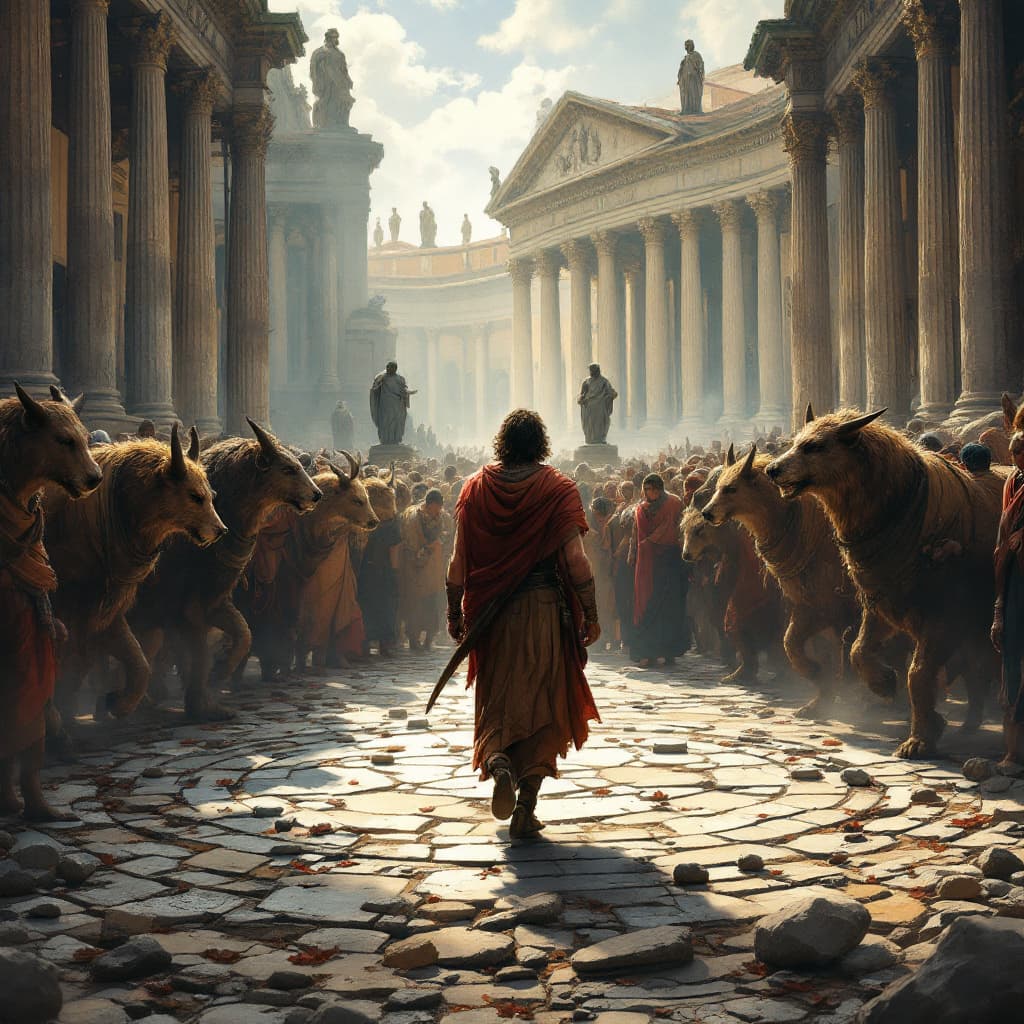AI generated: An illustration of a man walking through the streets with people in ancient Rome, Animals are carryi...