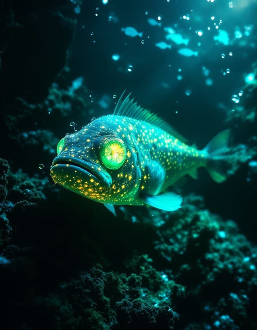 AI generated: in the deepest Pacific ocean  trenches strange fish with bio luminescence lure their prey. 