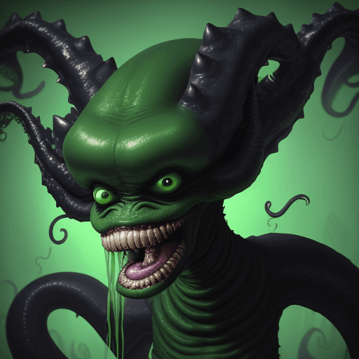AI generated:  high quality foto of a green black alien monster, moster with grimaces and big very long teeth, lon...