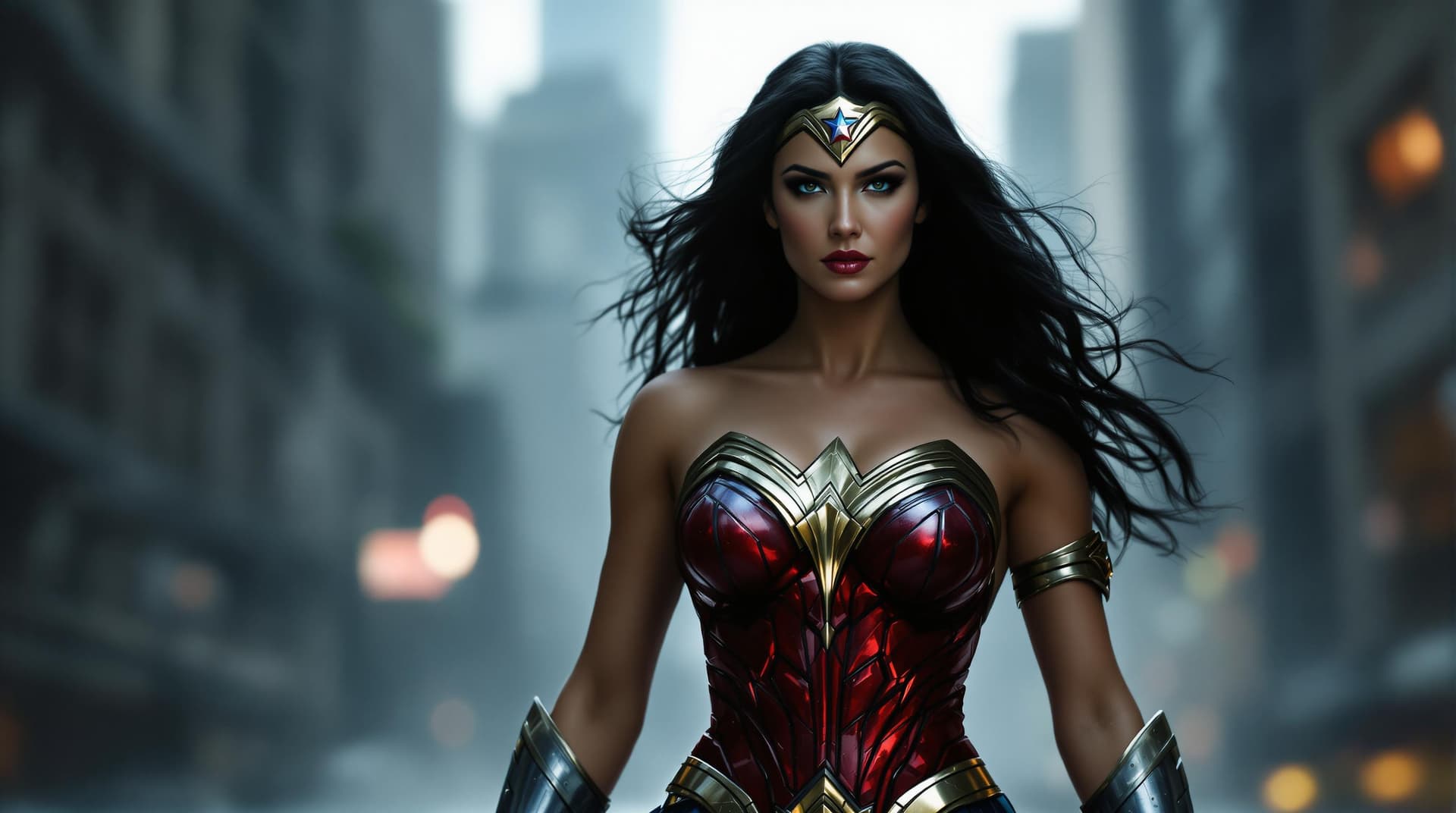 AI generated: Bathed in a soft, cinematic glow,wonder woman strides confidently through a cityscape, embodying str...