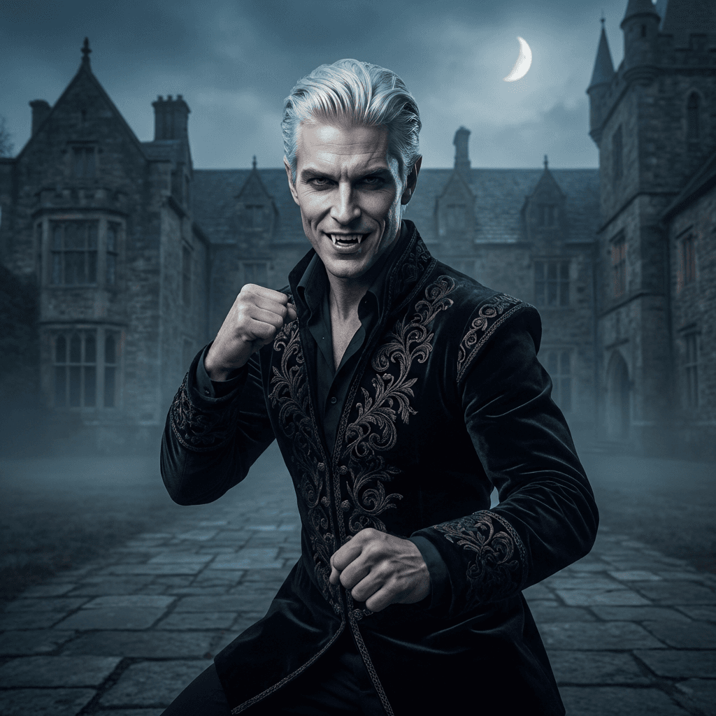 AI generated: dapper male vampire with white hair and chiseled features, smirk with fangs showing, wearing an orna...