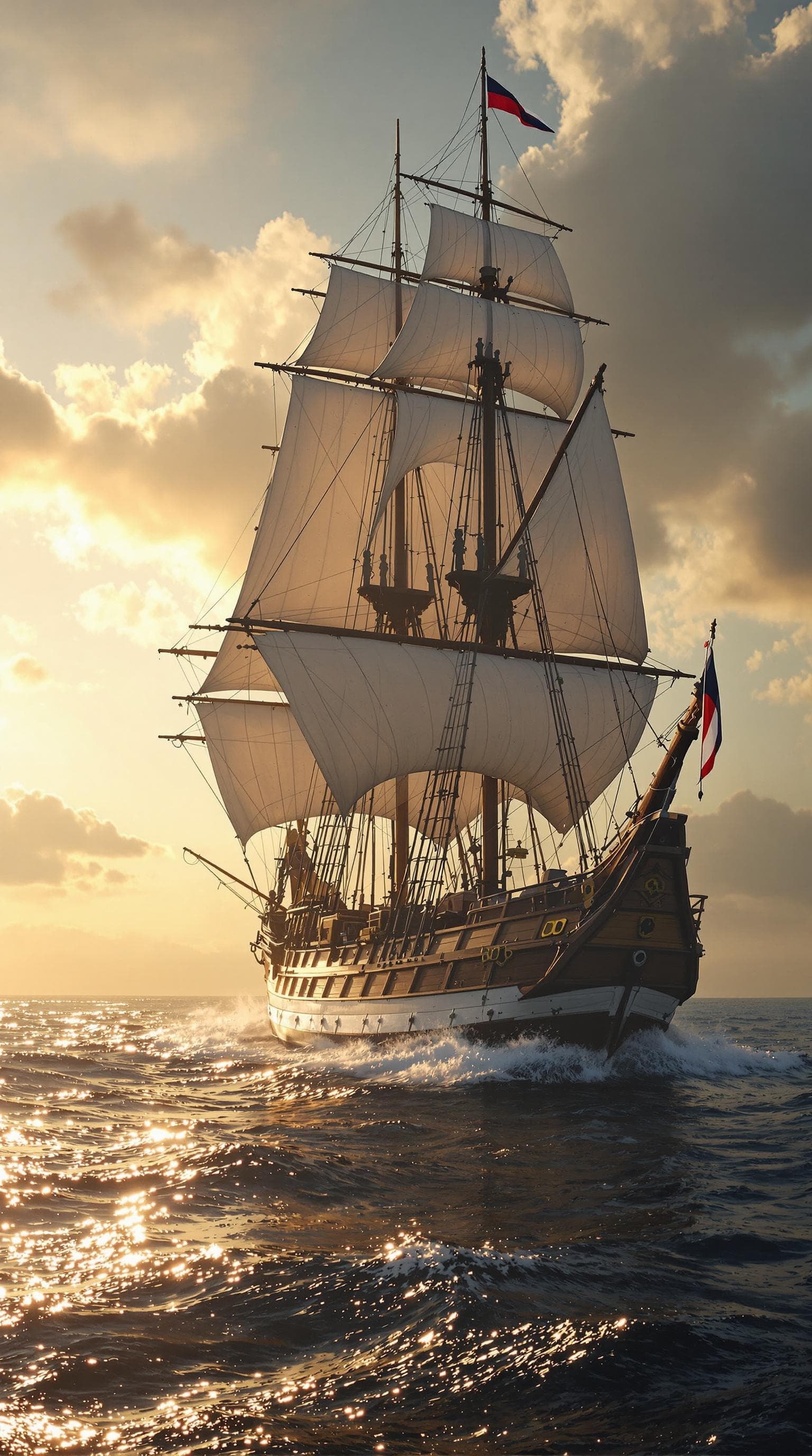 AI generated: Photo of a ultra realistic sailing ship, dramatic light, pale sunrise, cinematic lighting, battered,...