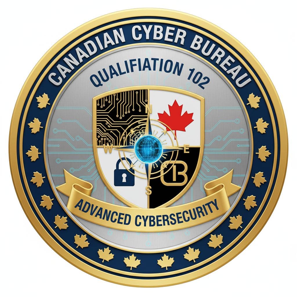 AI generated: Create a professional badge that signifies a qualification from a Canadian bureau, over cybersecurit...