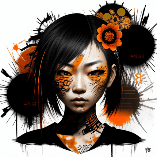 AI generated: Asian woman, beautiful face, black and orange color tones, wabi-sabi art, abstract , punk collage , ...