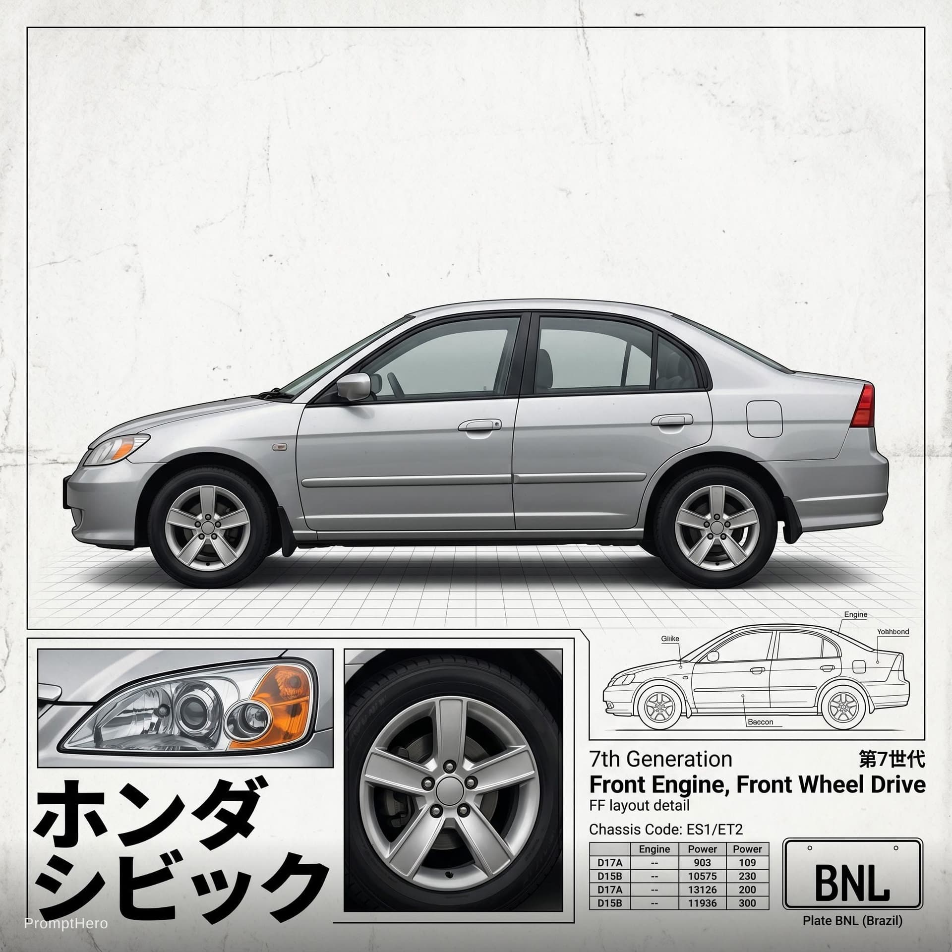 AI generated: Left side japnese name of car bottom left detail of car and printable poster
