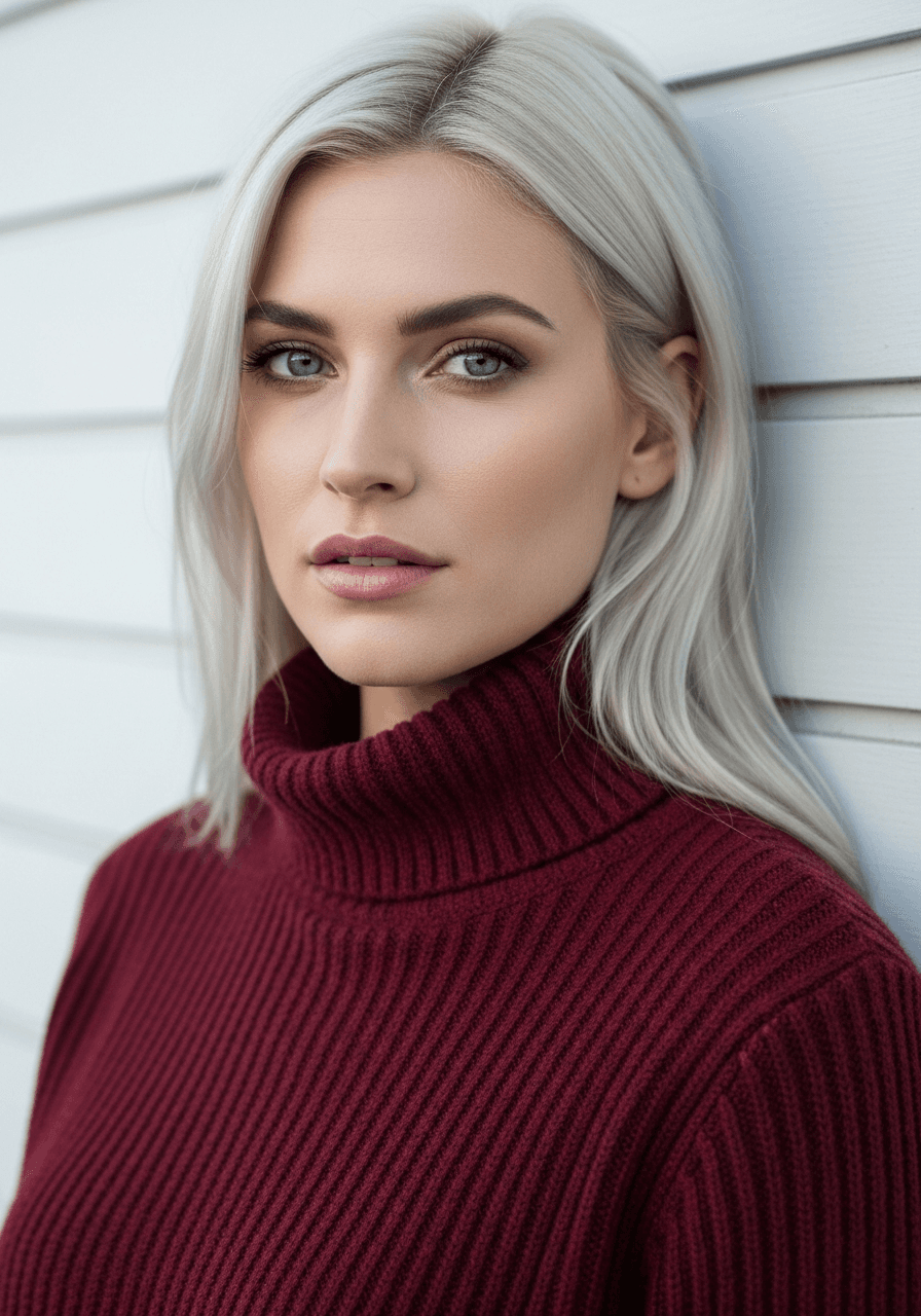 AI generated: A high-resolution cinematic portrait of a woman with platinum blonde straight hair and striking blue...