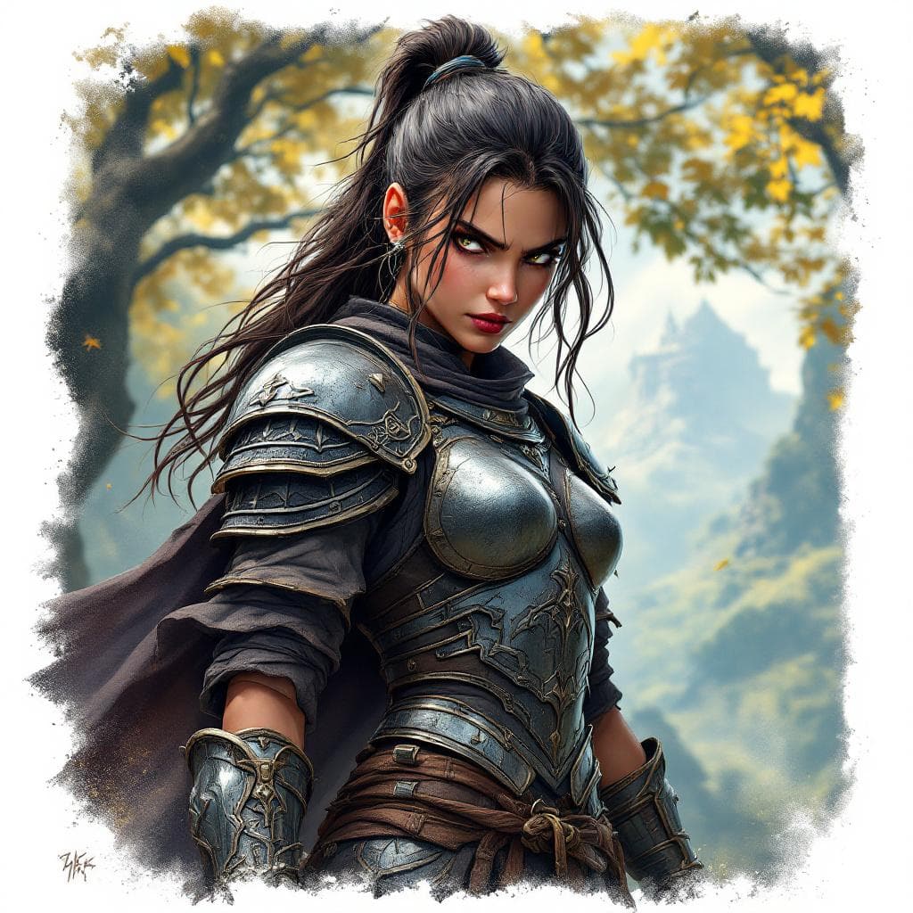 AI generated: Arrogant Wild, Eyed warrior girl wearing Armor outdoors, highly detailed Detail, Oriented illustrati...