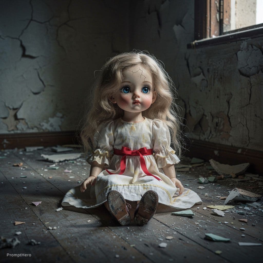 AI generated: A delicate doll with pale, cracked skin and striking blue eyes sits quietly in an aged room. Her blo...