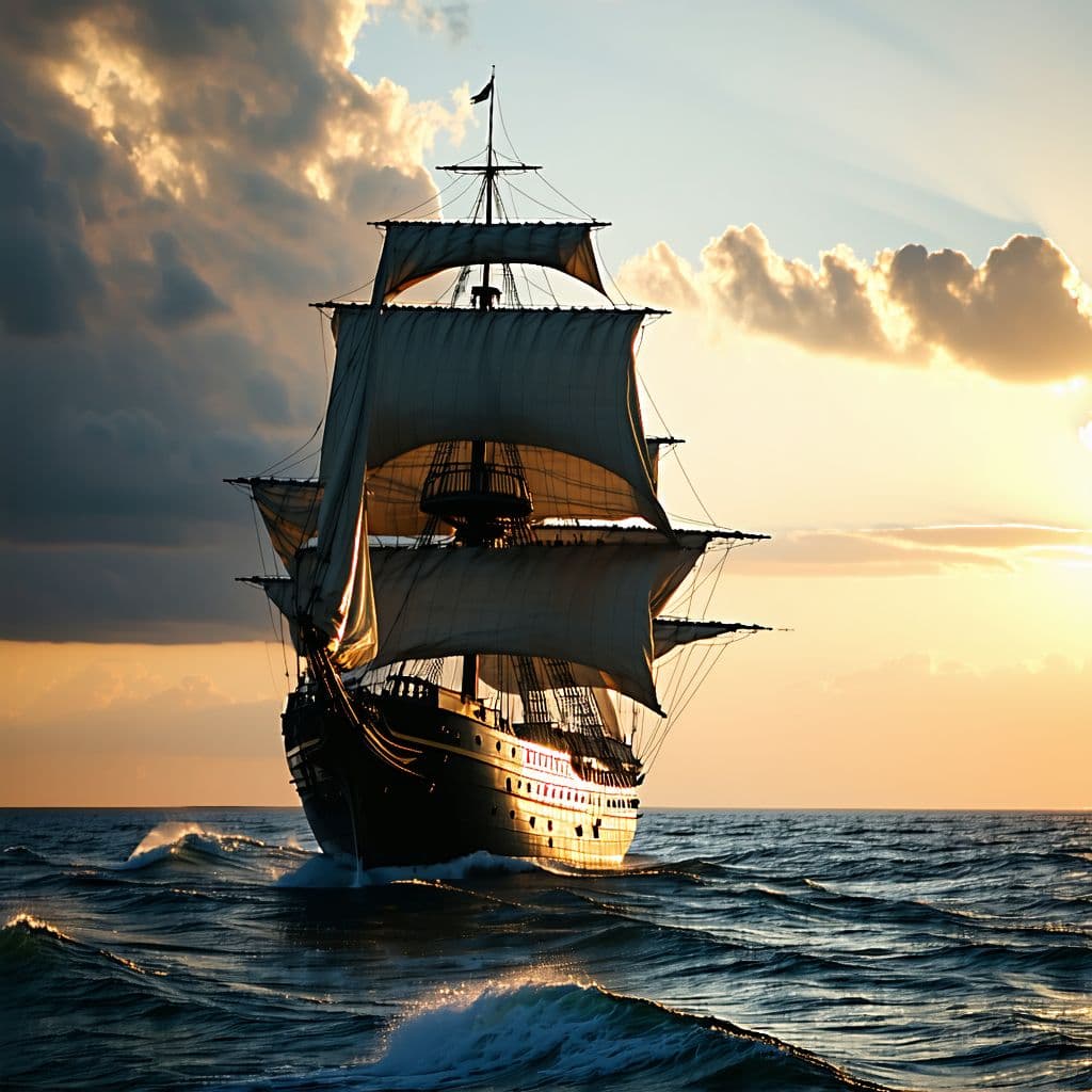AI generated: Photo of a ultra realistic sailing ship, dramatic light, pale sunrise, cinematic lighting, battered,...