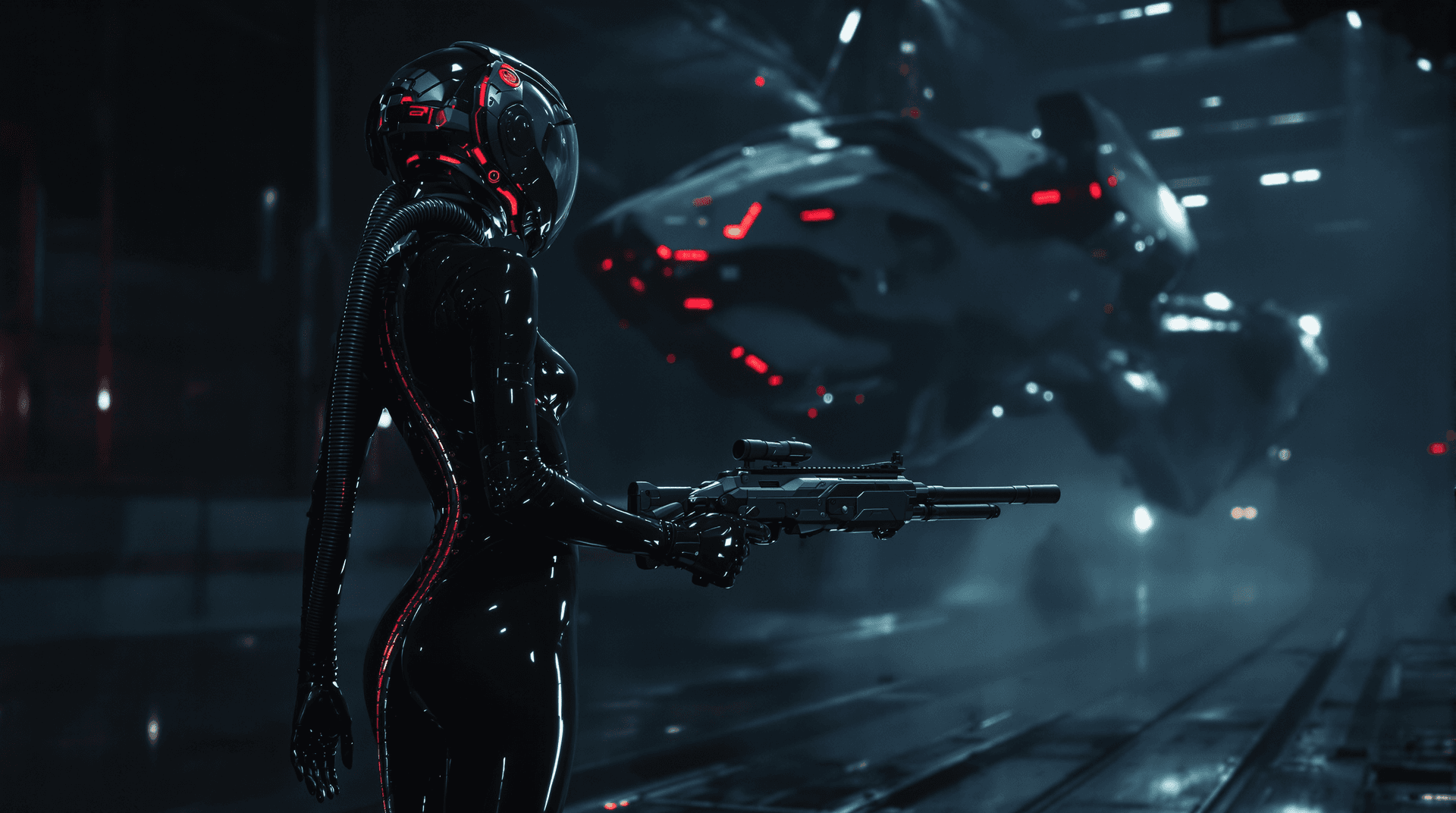 AI generated: A dark futuristic theam: a woman with striking features standing in a dark hangar looking at a space...