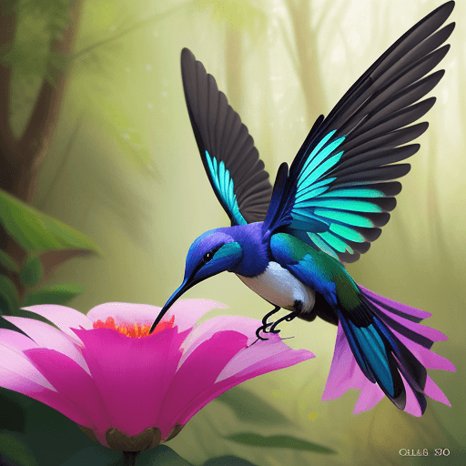 AI generated: colibri flying near a flower, masterpiece, dynamic pose, side view, forest background, natural light...