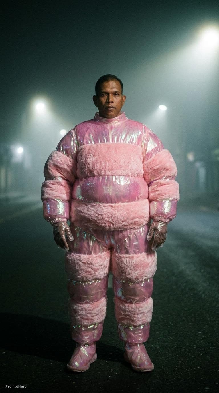 AI generated: fashion photography, man model in full-body, front central view, wearing an oversized fluffy and vin...