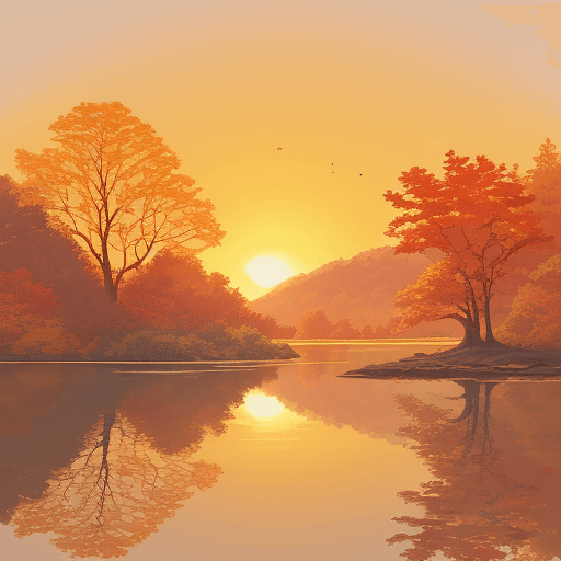AI generated: A serene and minimalistic landscape painting featuring a single tree with a few vibrant autumn leave...