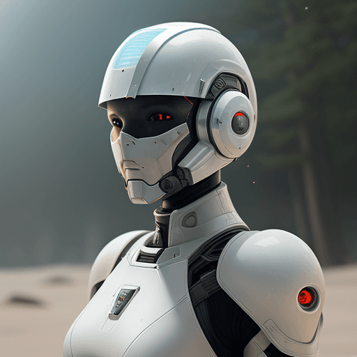 AI generated: white sci-fi female armor with cybernetic helmet, full armor, insulated armor, spacesuit, bald head,...