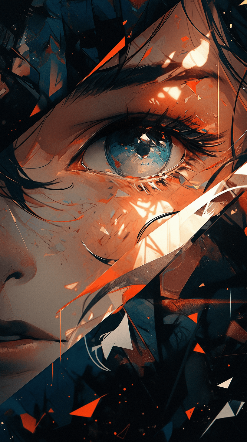 AI generated: color painting of a woman with colorful hair and eyes, in the style of cubist shattered planes, real...