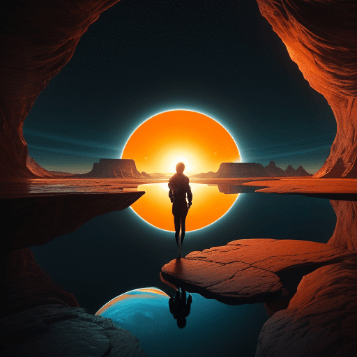 AI generated: An image of a solitary person stands on the edge of a reflective water body in the center of a sci-f...