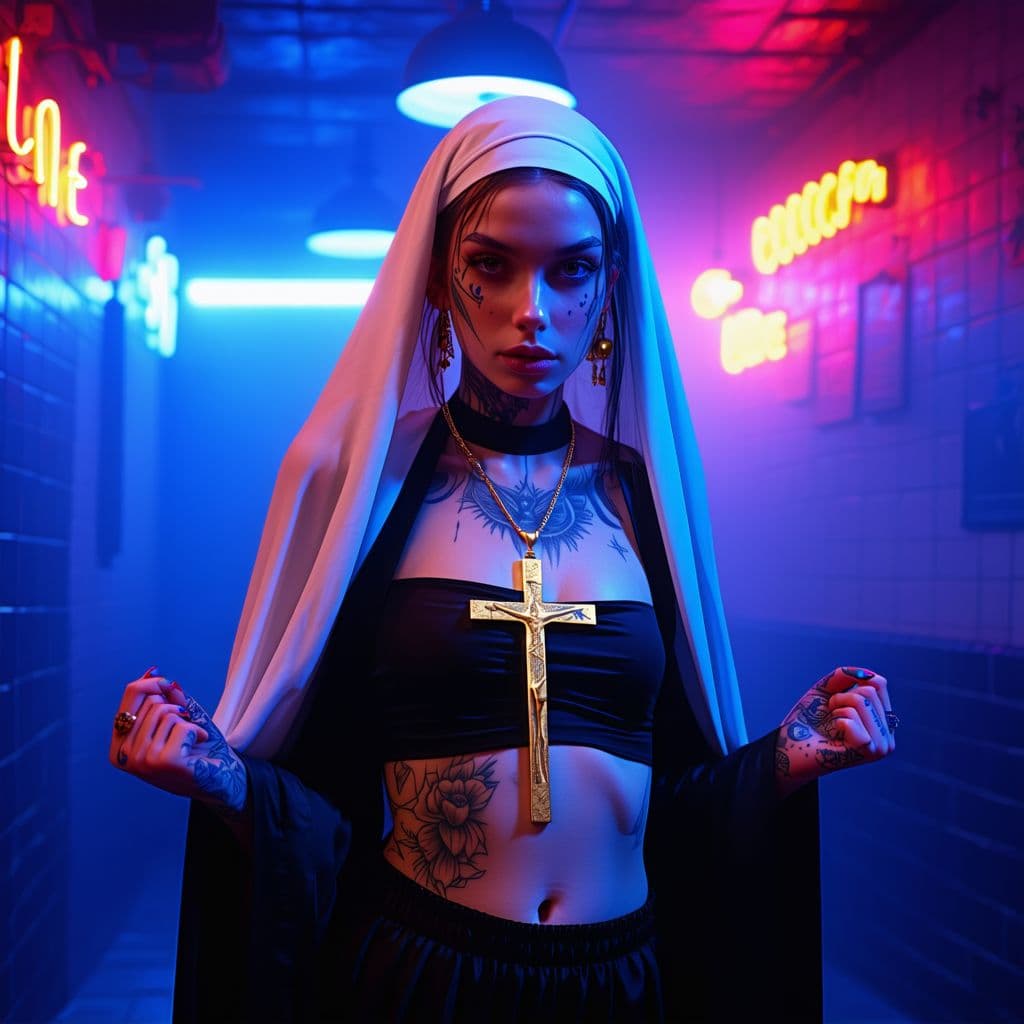 AI generated: Full body shot of a young beautiful tattooed nun with a modern twist. She wears traditional nun atti...
