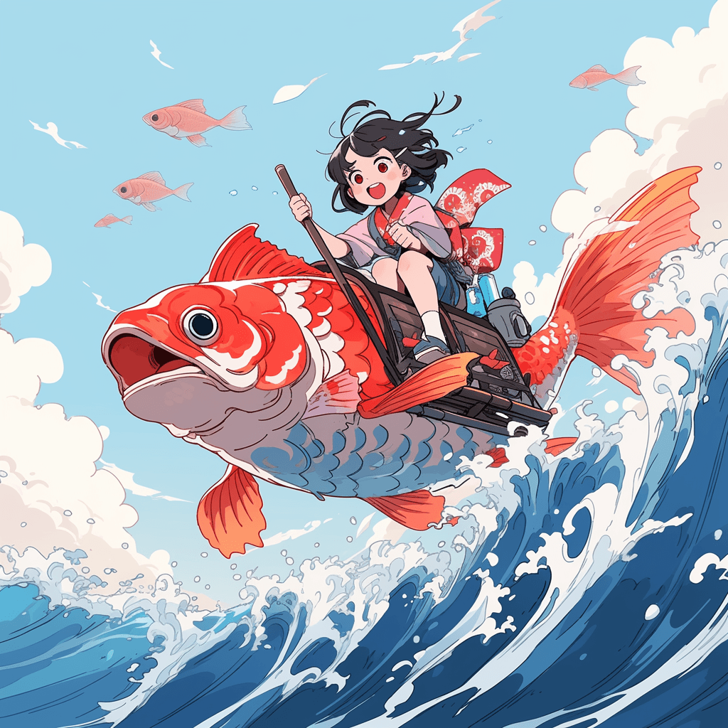 AI generated: a cartoon of a girl riding a koi fish, in the style of he jiaying, comic/cartoon, ocean academia, ca...