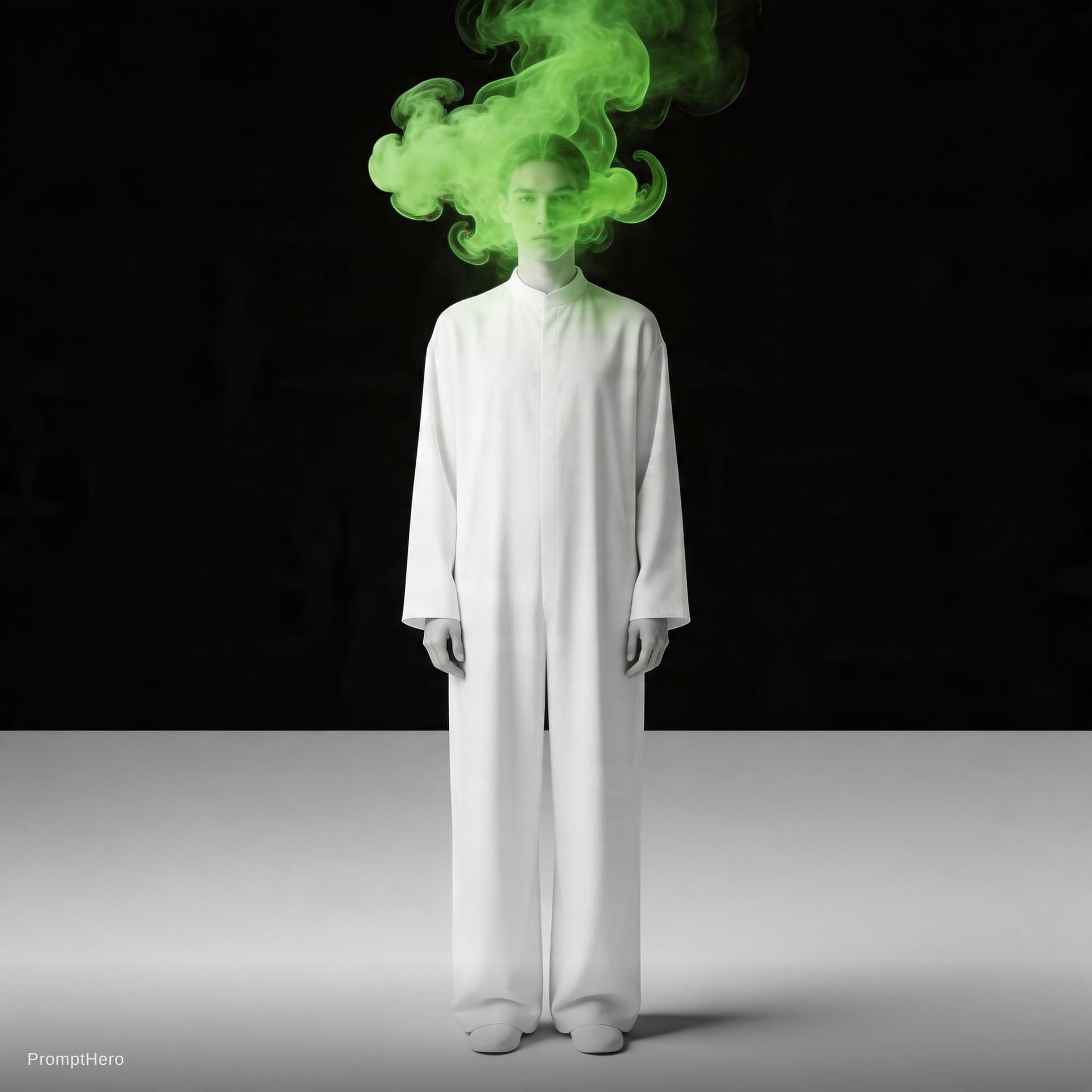 AI generated: photograph, front central shot, full-length, unknown gender figure, black and vibrant radioactive gr...