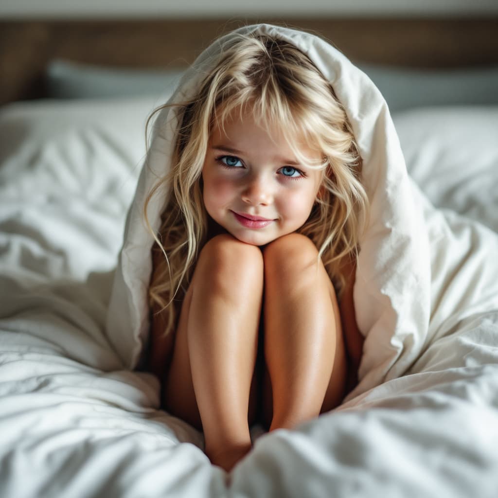 AI generated: cute 7 year old little girl on the bed, has the covers pulled back showing her legs, blonde, petite,...
