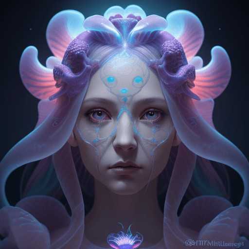 AI generated: Goddess close-up portrait ribcagel. jellyfish phoenix head, nautilus, orchid, skull, betta fish, bio...