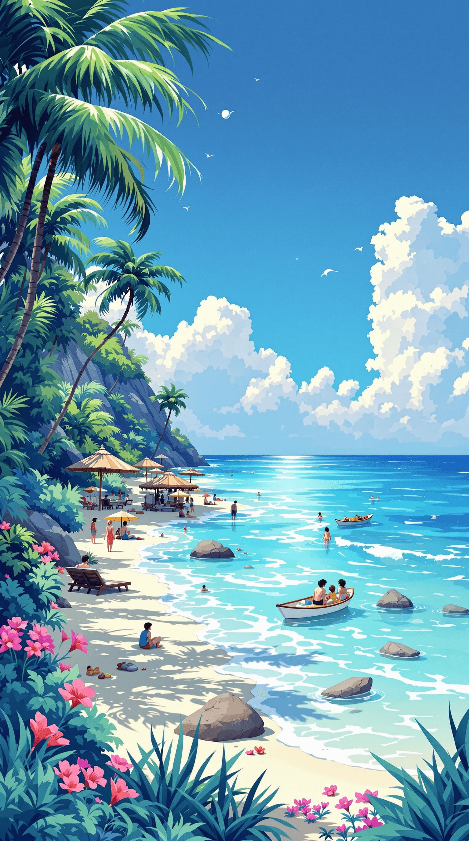 AI generated: Imagina una playa paradisiaca al medio día, el estilo es de dibujo ghibli con colores acuarela