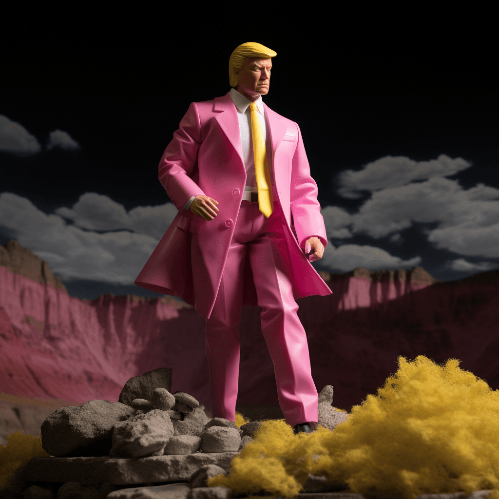 AI generated: Trump as a ken barbie doll, a must for trump fans, in the style of dark pink and yellow, joel robiso...