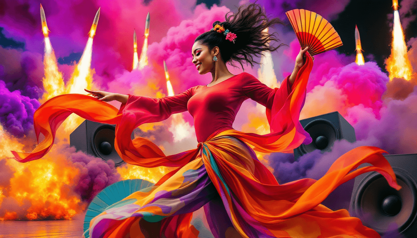 AI generated: A vibrant, dynamic collage featuring a Stunning Curvy woman, 20s-30s, light-medium brown skin tone, ...