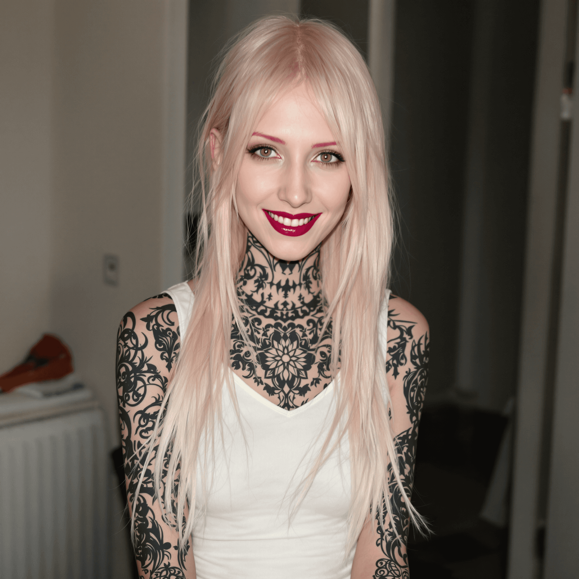 AI generated: High resolution photography 8K of an anorexic tall and slender 25-year-old woman with long, light pi...
