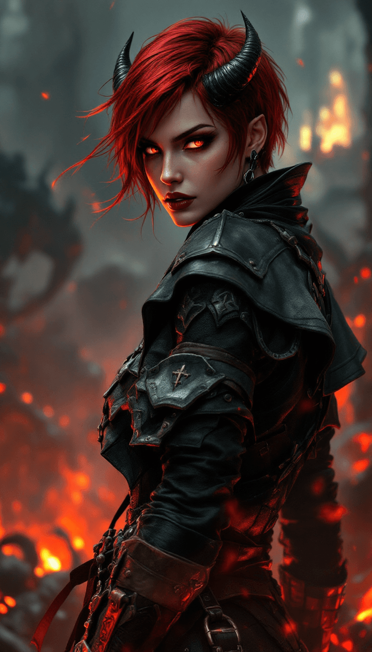 AI generated: The Demonic Tactician: A cunning and powerful warrior with short, vibrant red hair, styled in a shar...
