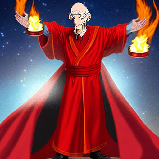 AI generated: professor  Farnsworth, realistic, dressed in red robes covered in mystic symbols stars and moons, ba...
