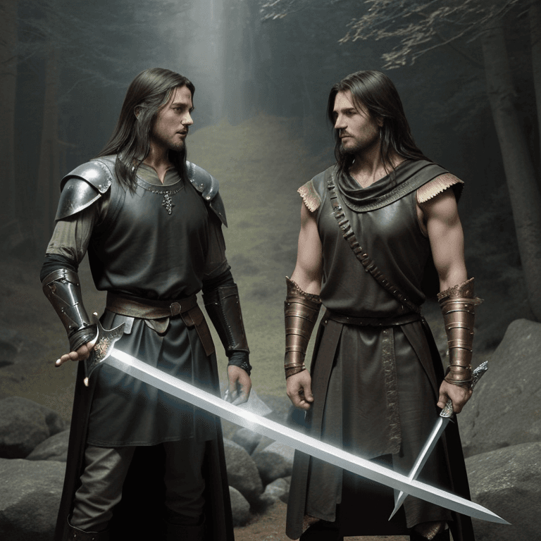 AI generated: a pivotal scene where King Arthur pulls the sword Excalibur from a stone. The man on the left has da...